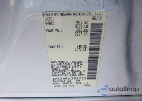 2016 Nissan Altima 2.5 Sv z USA, uszkodzony, nr VIN 1N4AL3AP7GC258751